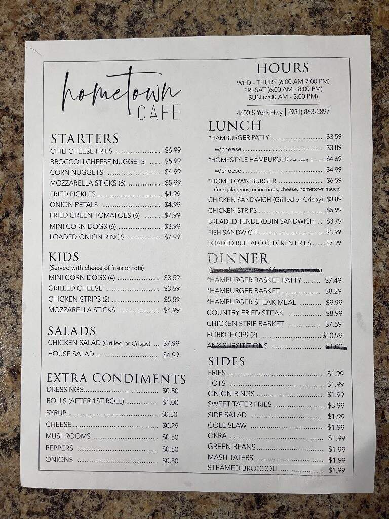 Hometown Cafe - Grimsley, TN menu_pic