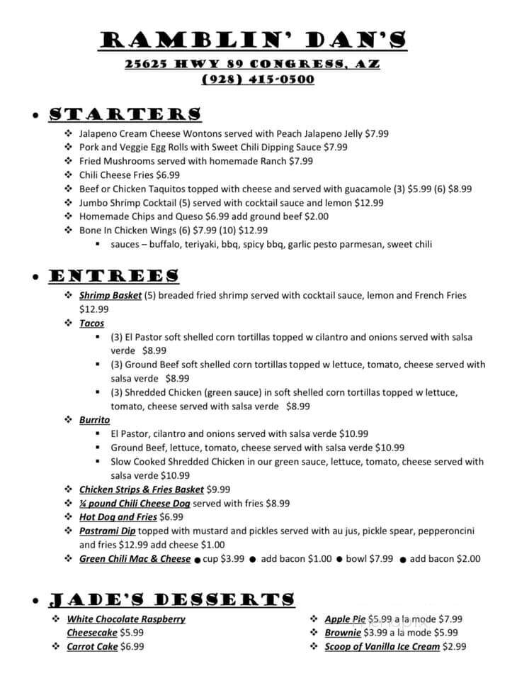 Ramblin' Dan's Bar & Grill - Congress, AZ menu_pic