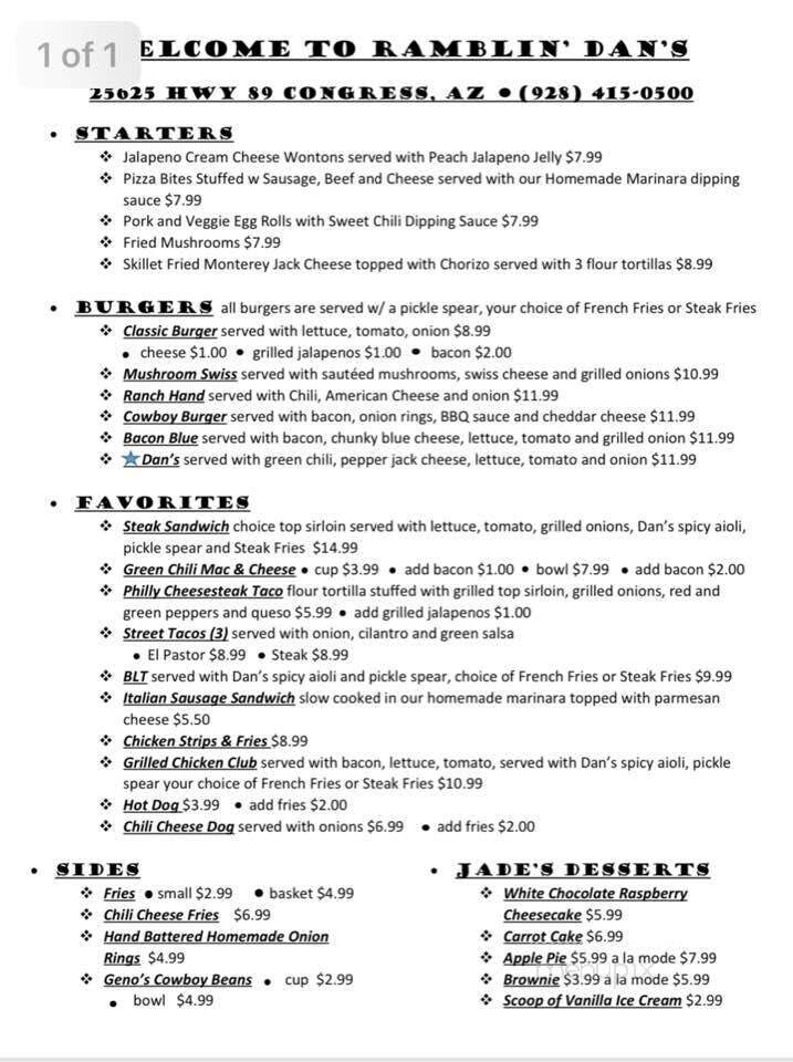 Ramblin' Dan's Bar & Grill - Congress, AZ menu_pic
