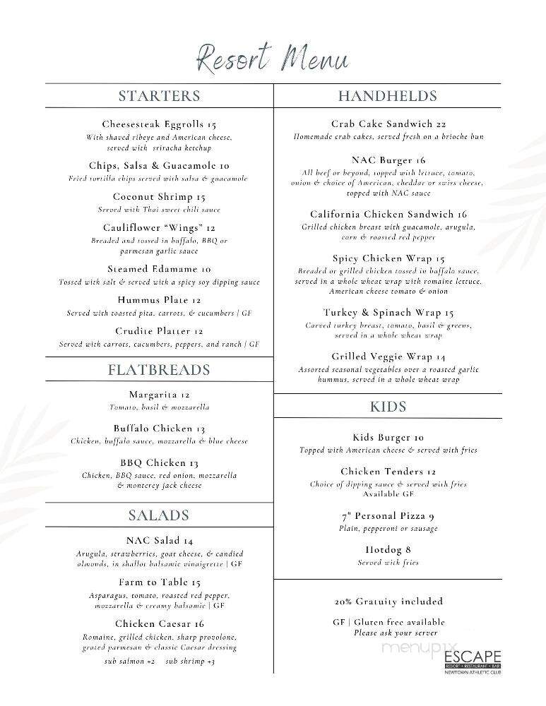 Escape Resort, Restaurant & Bar - Newtown, PA menu_pic
