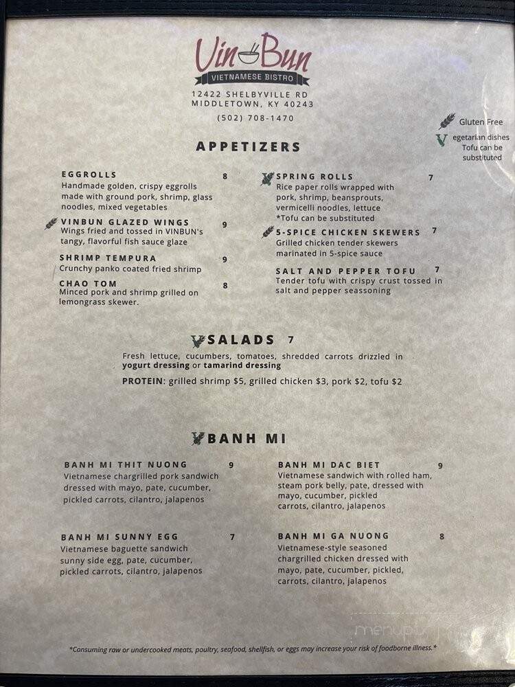 VinBun Vietnamese Bistro - Middletown, KY menu_pic