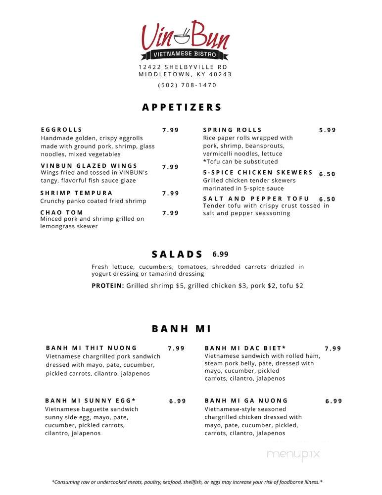 VinBun Vietnamese Bistro - Middletown, KY menu_pic