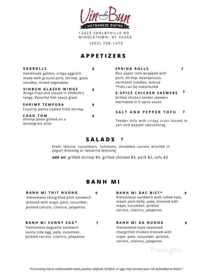 VinBun Vietnamese Bistro - Middletown, KY menu_pic