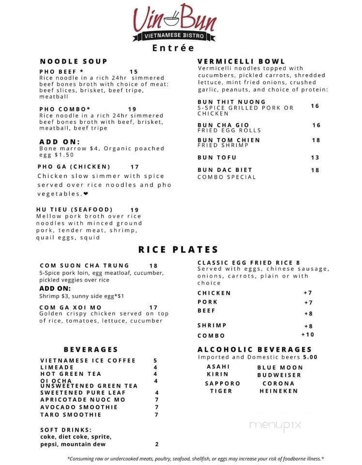 VinBun Vietnamese Bistro - Middletown, KY menu_pic
