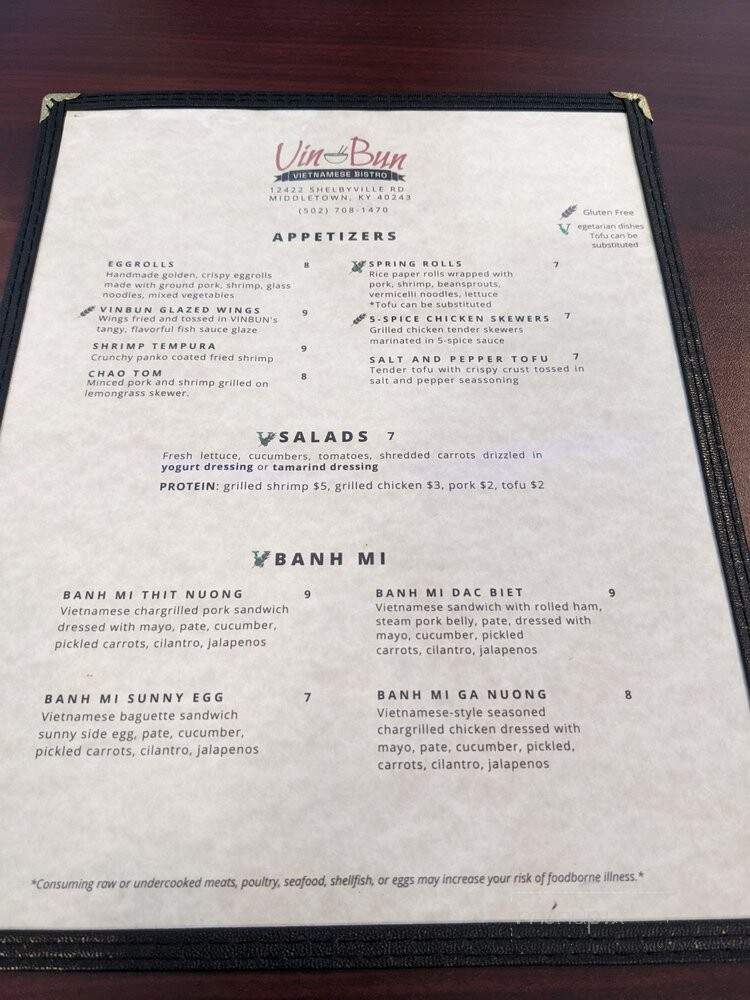 VinBun Vietnamese Bistro - Middletown, KY menu_pic