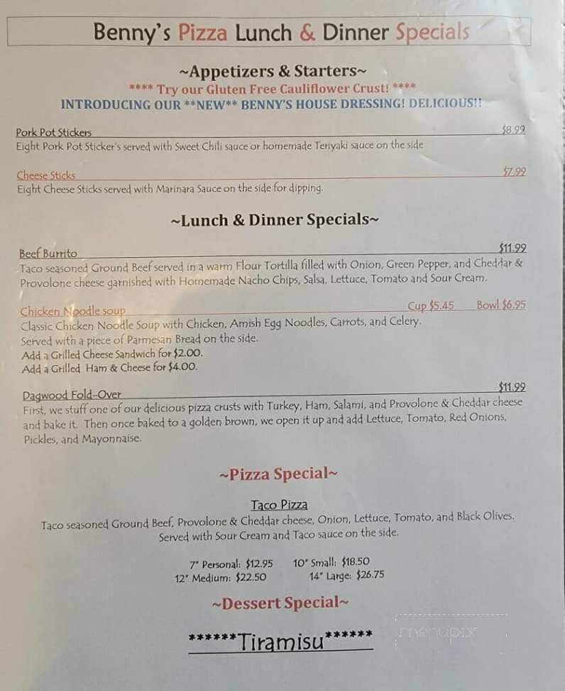 Benny's Pizza - Marysville, OH menu_pic