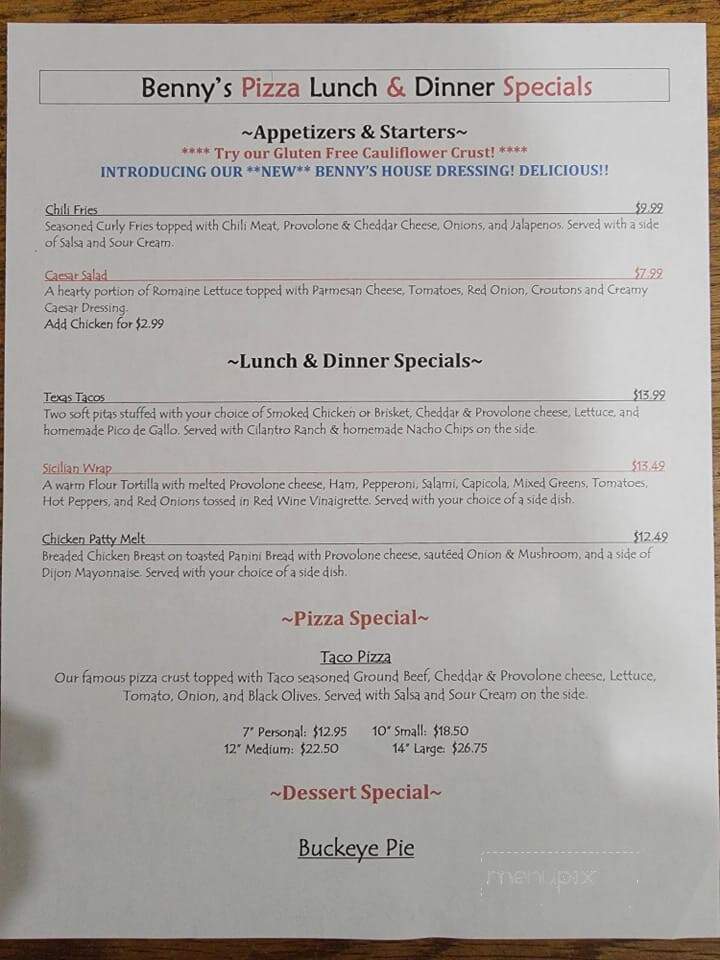 Benny's Pizza - Marysville, OH menu_pic
