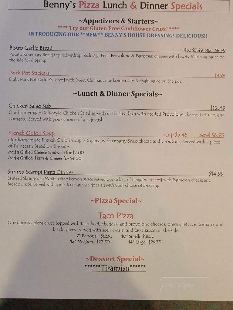 Benny's Pizza - Marysville, OH menu_pic
