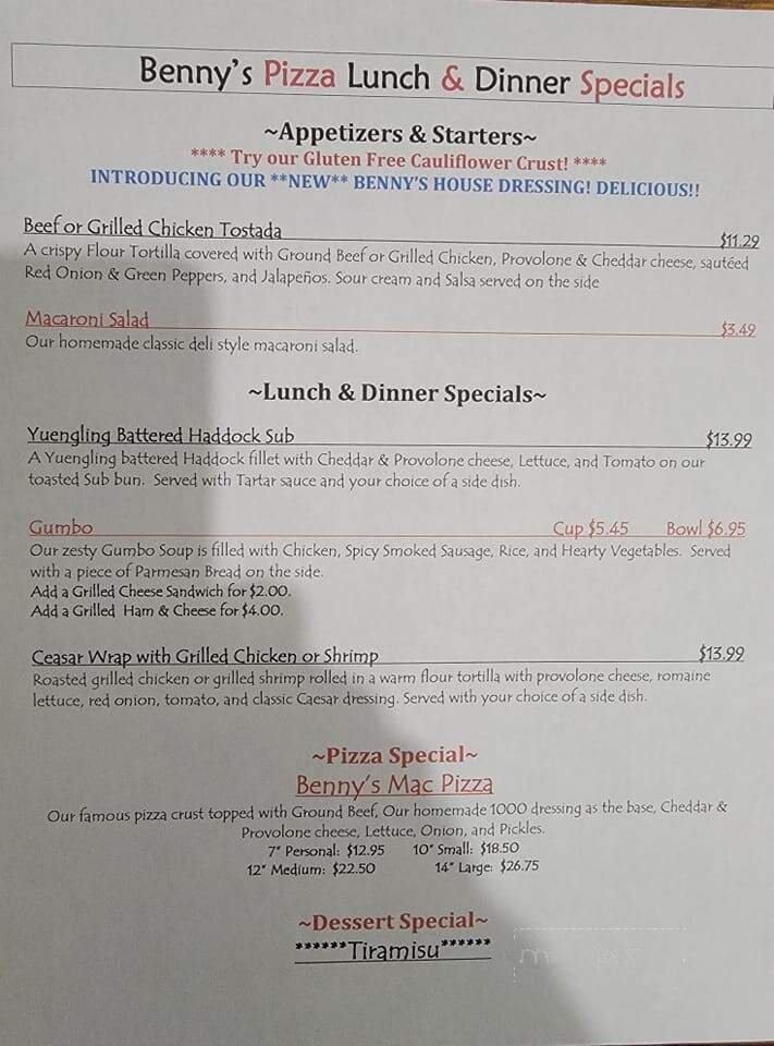 Benny's Pizza - Marysville, OH menu_pic