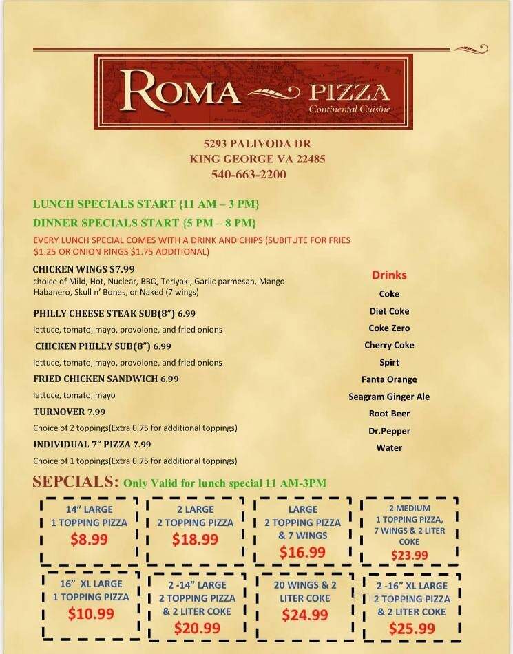 Roma Pizza - King George, VA menu_pic