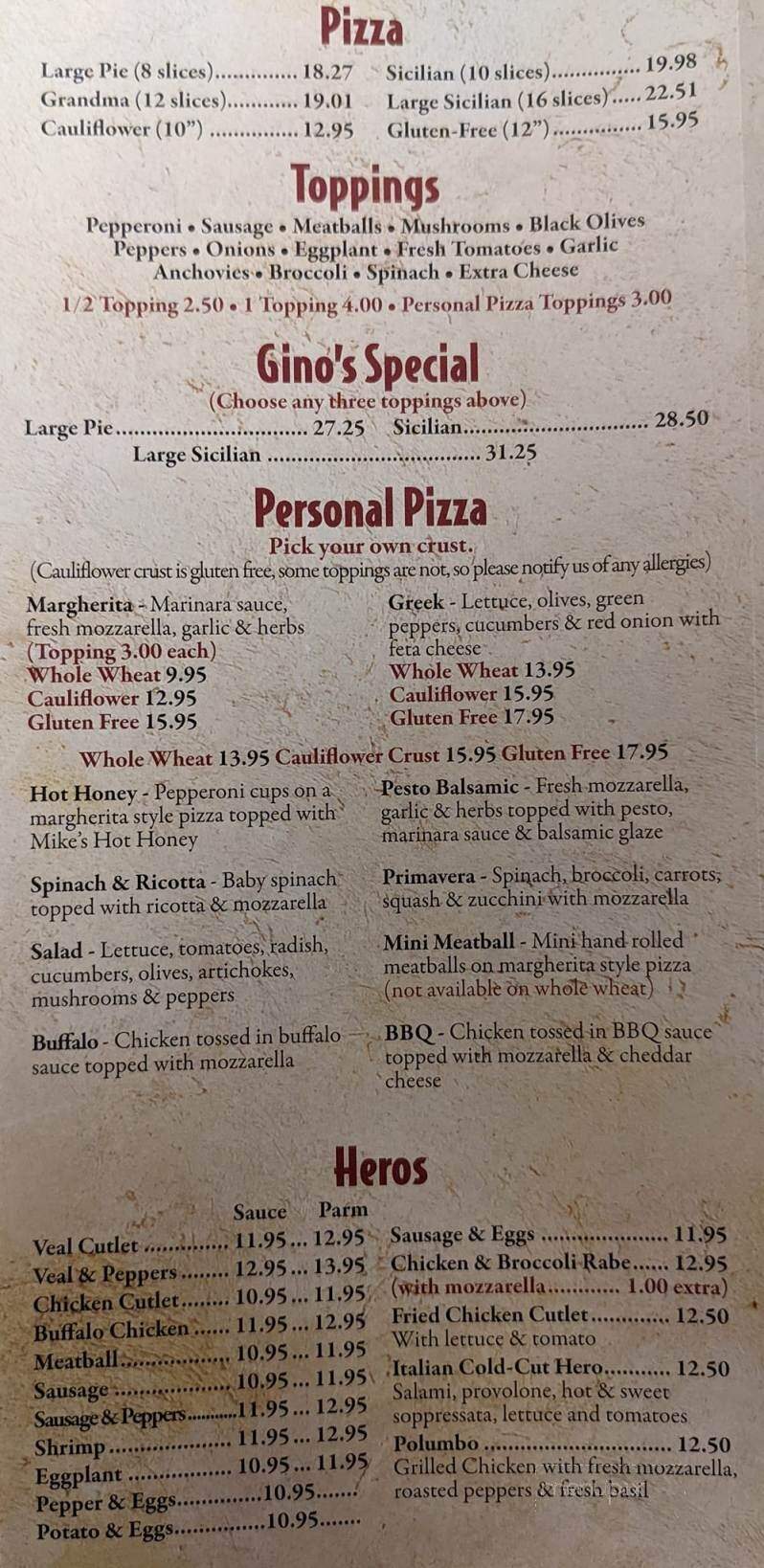 Gino's Pizza - Williston Park, NY menu_pic