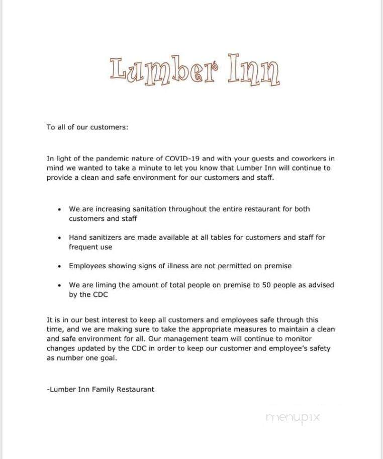 Menu of Lumber Inn in Delafield, WI 53018