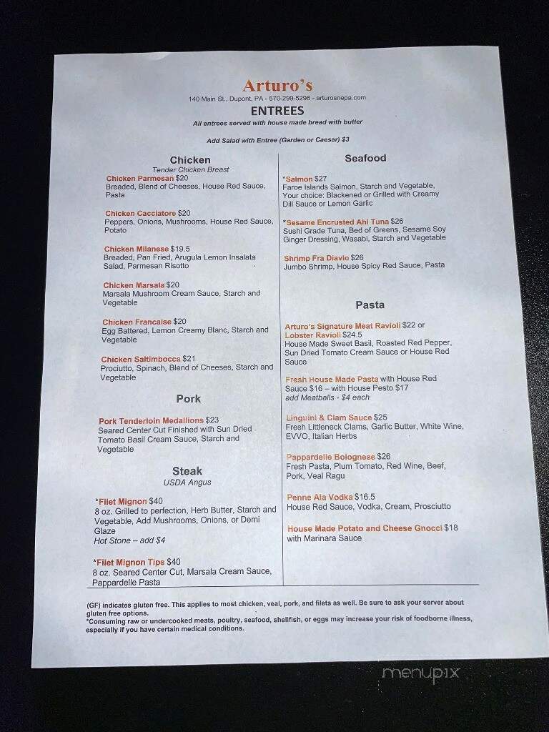 Arturo's Restaurant - Dupont, PA menu_pic