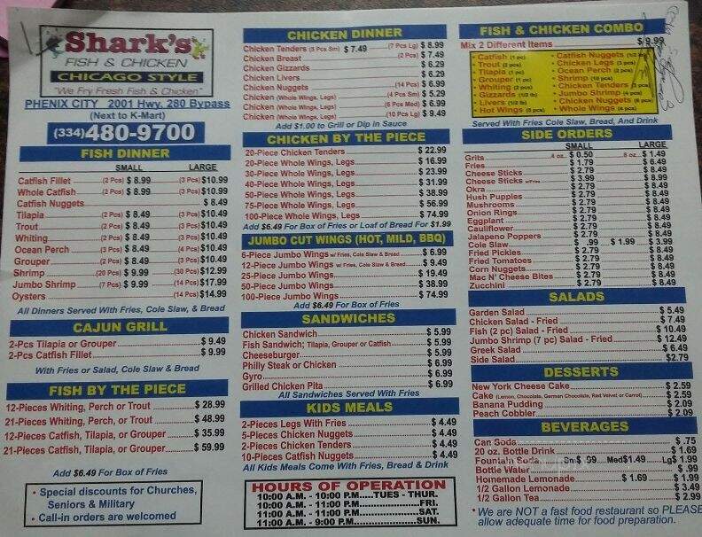 Shark's Fish Chicken - Phenix City, AL menu_pic