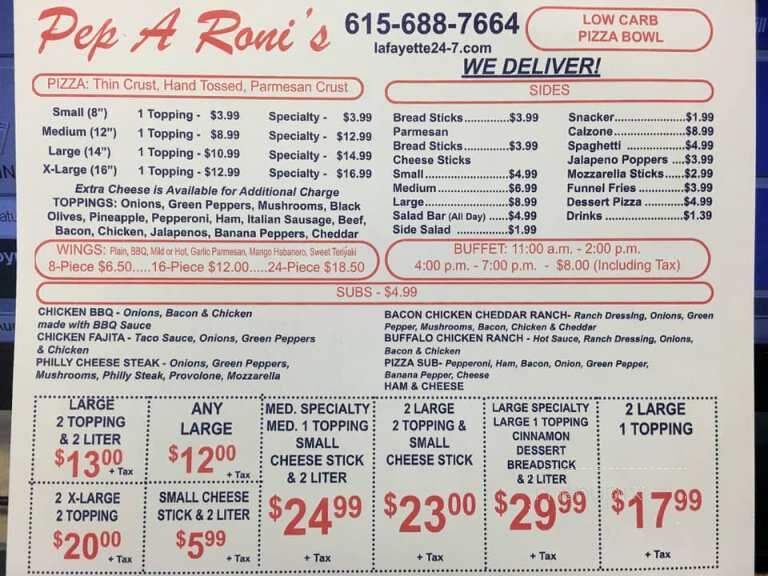 Pep A Roni's - Lafayette, TN menu_pic