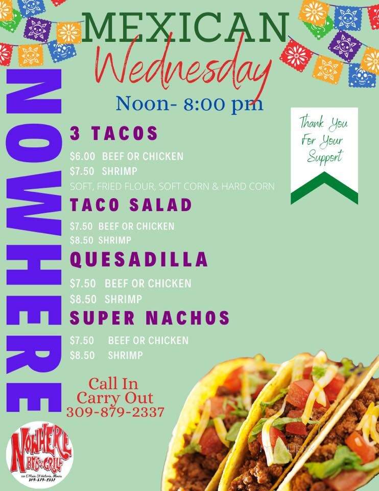 Nowhere Bar & Grill - Victoria, IL menu_pic