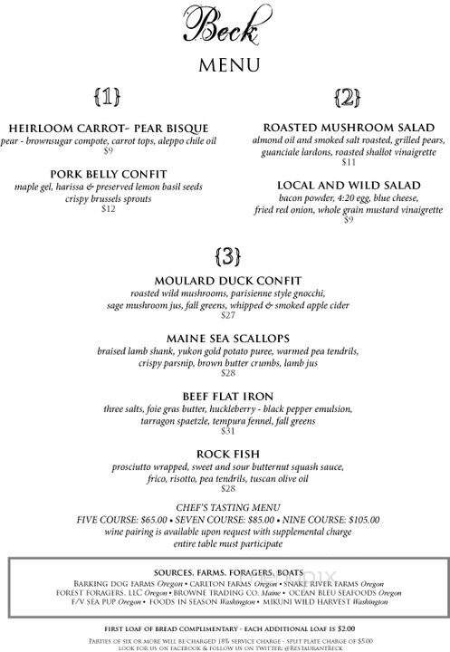 Restaurant Beck - Depoe Bay, OR menu_pic