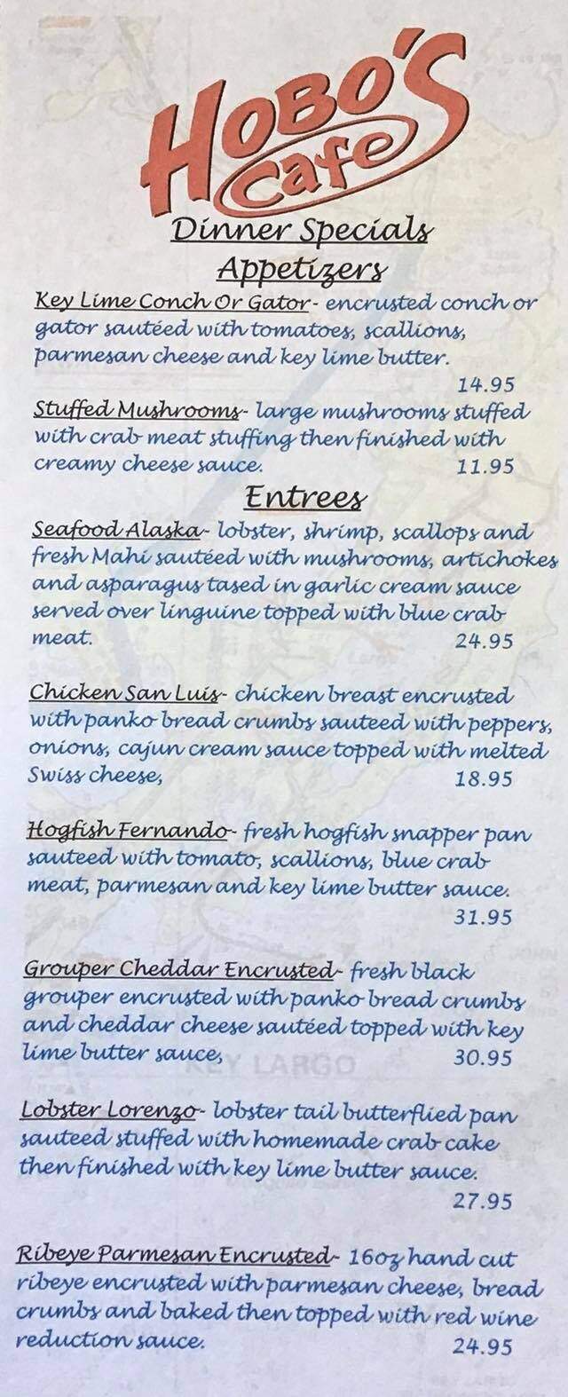 Hobo's Cafe - Key Largo, FL menu_pic