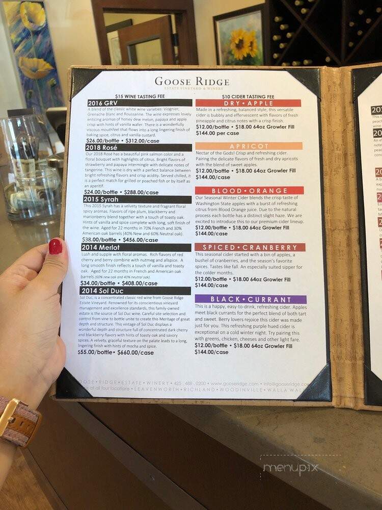 Goose Ridge Estate Winery - Woodinville, WA menu_pic
