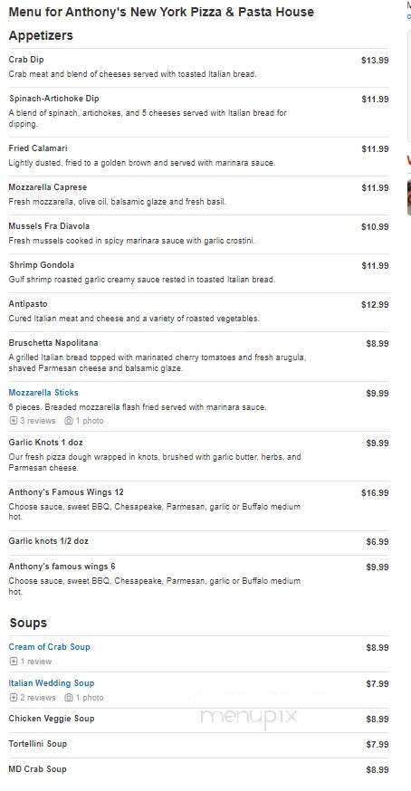 Anthony's NY Pizza & Pasta House - Bowie, MD menu_pic