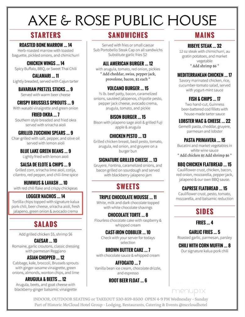 Axe & Rose Public House - McCloud, CA menu_pic