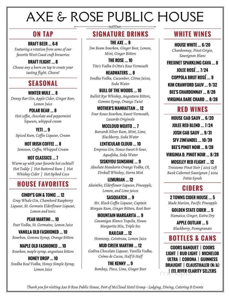 Axe & Rose Public House - McCloud, CA menu_pic