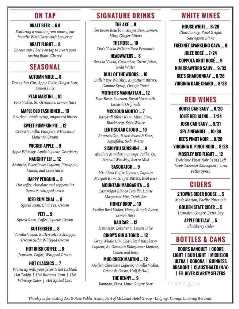 Axe & Rose Public House - McCloud, CA menu_pic