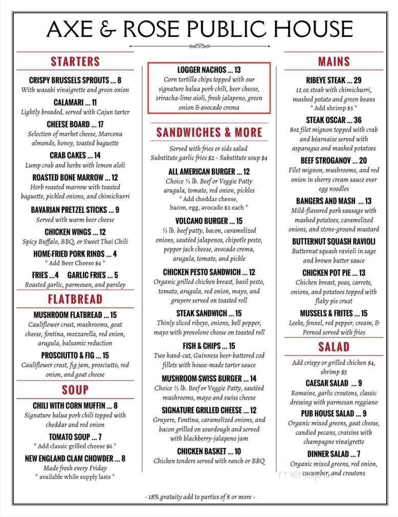 Axe & Rose Public House - McCloud, CA menu_pic