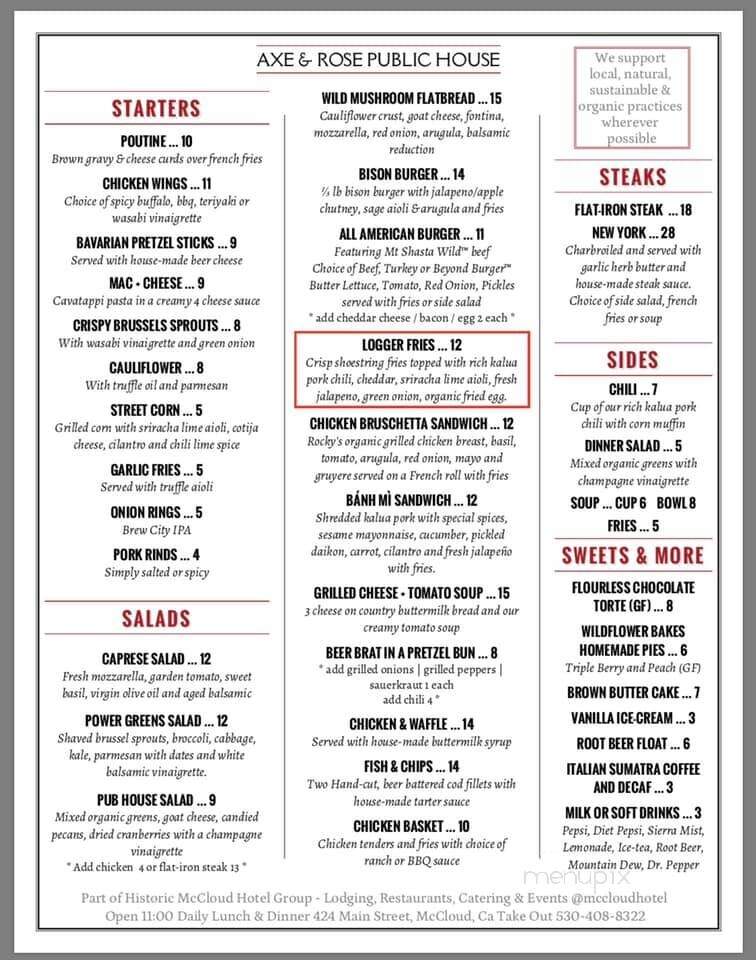 Axe & Rose Public House - McCloud, CA menu_pic