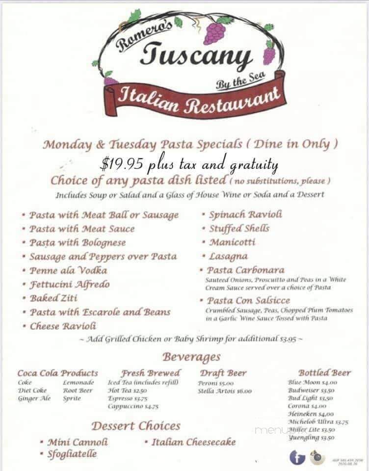Romero's Tuscany By The Sea Italian Restaurant - Flagler Beach, FL menu_pic