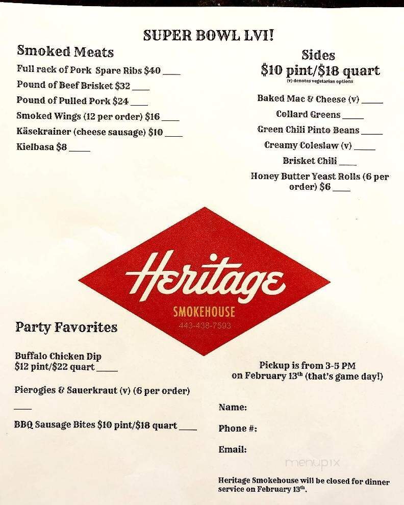 Heritage Smokehouse - Baltimore, MD menu_pic
