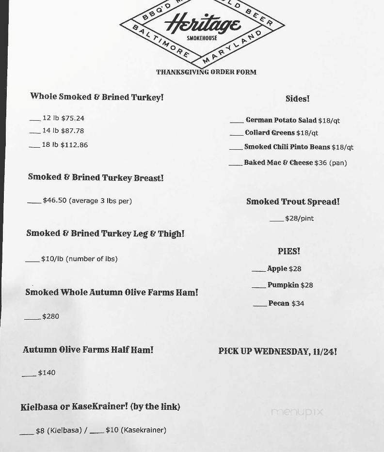 Heritage Smokehouse - Baltimore, MD menu_pic
