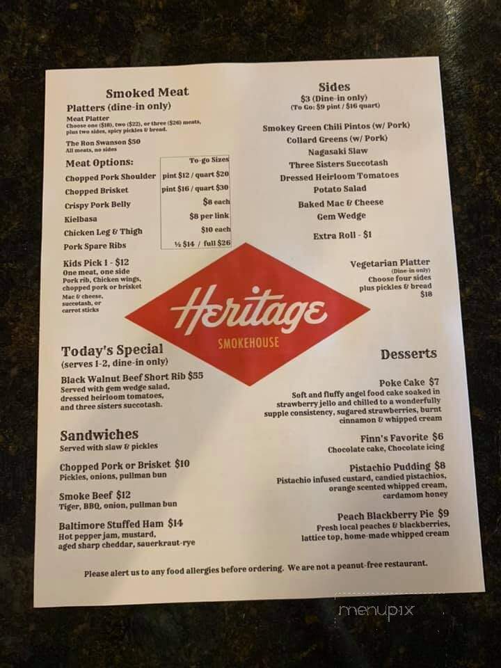 Heritage Smokehouse - Baltimore, MD menu_pic