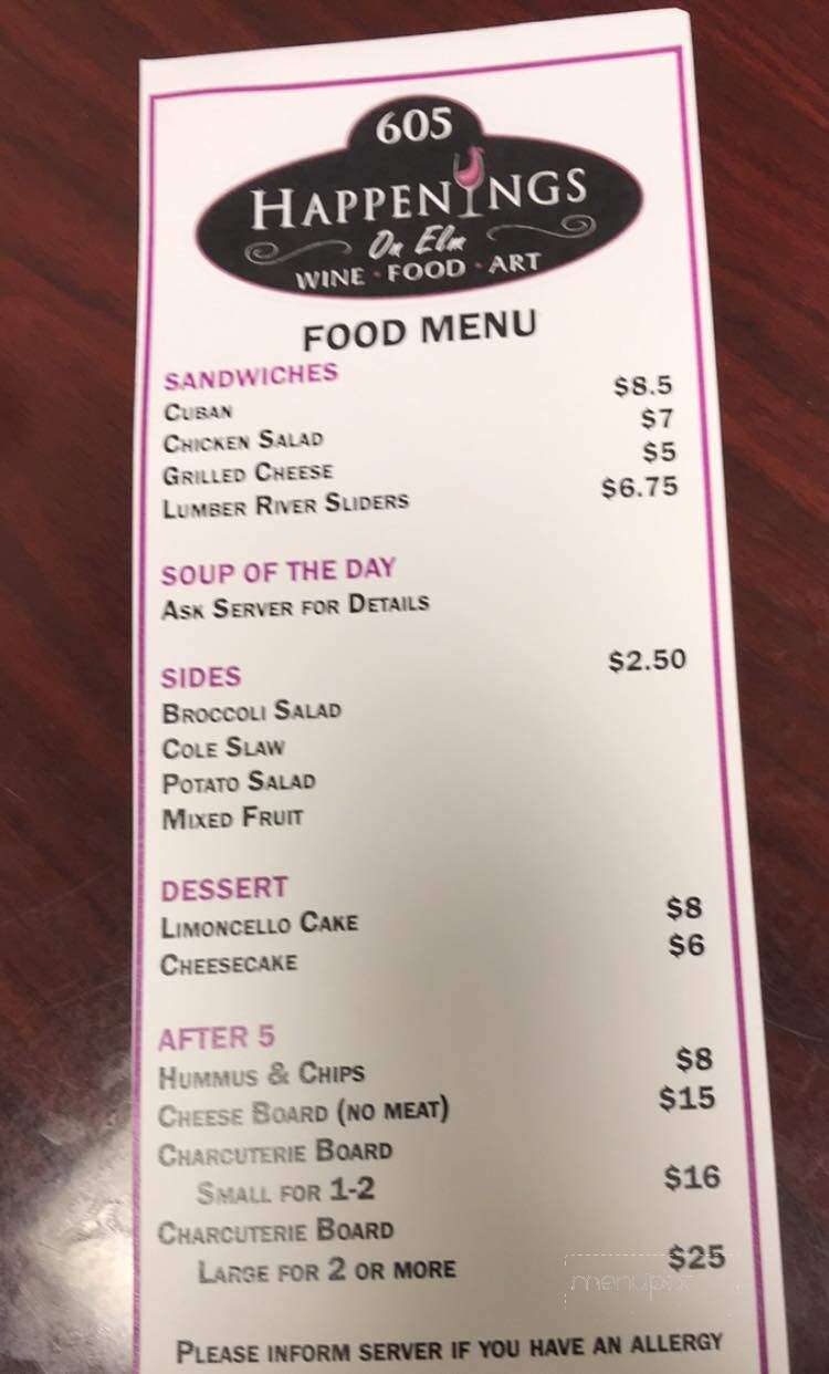 Happenings on Elm - Lumberton, NC menu_pic