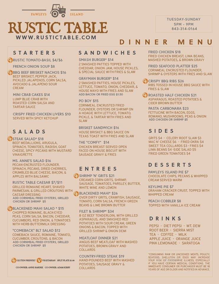 Rustic Table - Pawleys Island, SC menu_pic