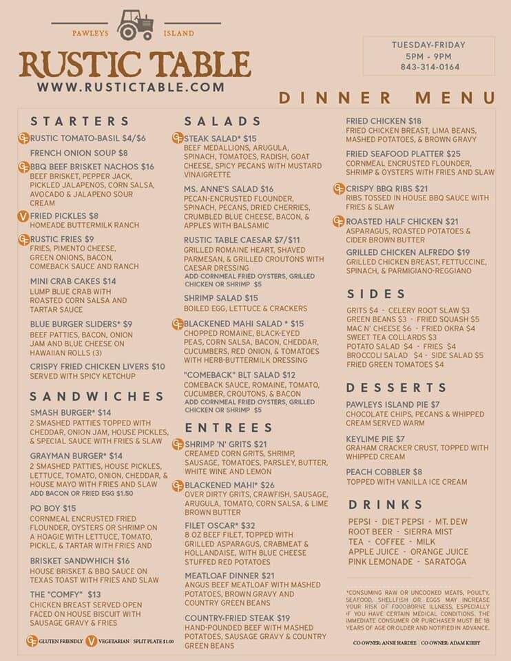 Rustic Table - Pawleys Island, SC menu_pic