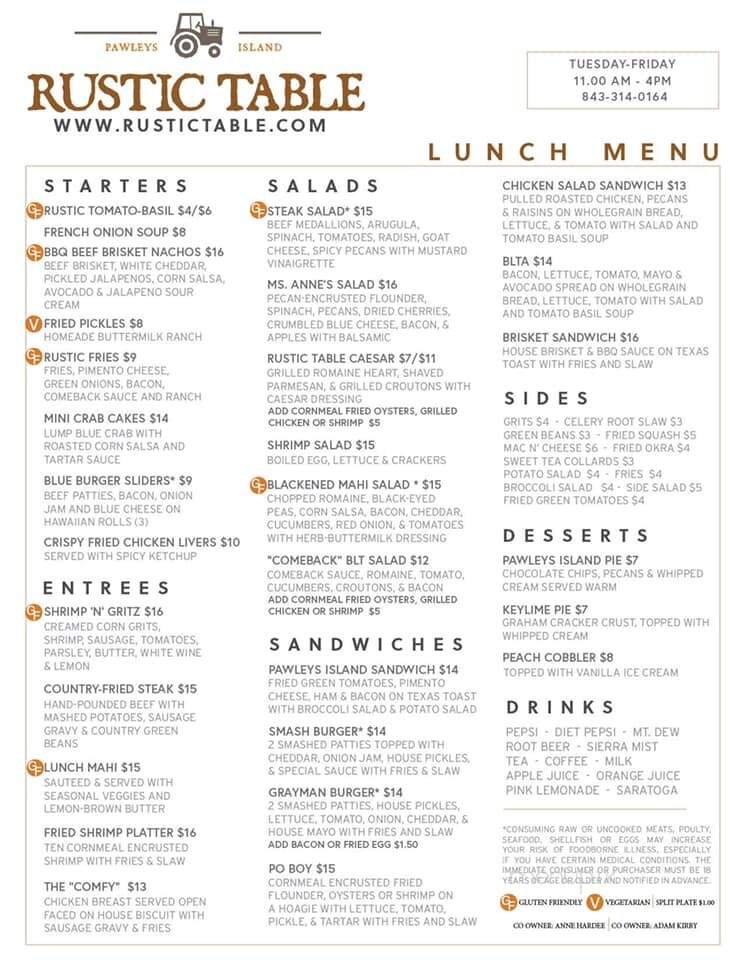Rustic Table - Pawleys Island, SC menu_pic