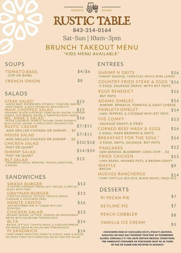 Rustic Table - Pawleys Island, SC menu_pic