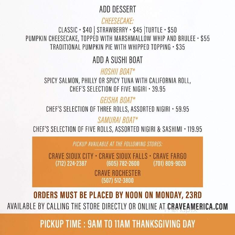 Menu of Crave in Sioux Falls, SD 57103