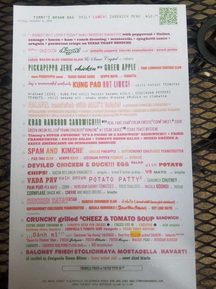 Timmy's Brown Bag - Placerville, CA menu_pic