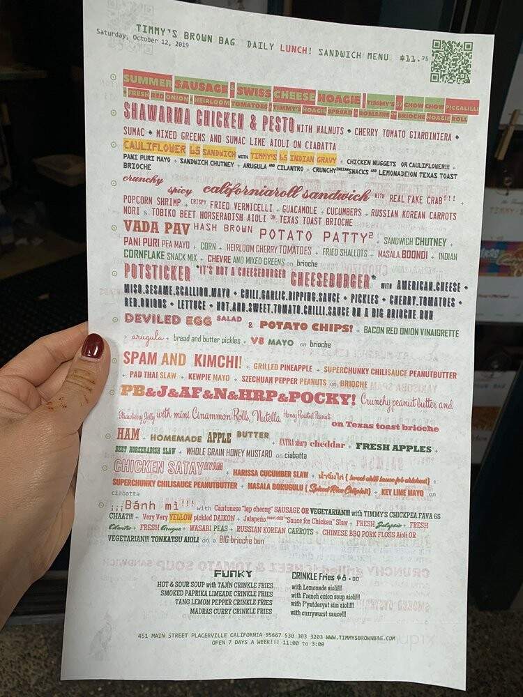 Timmy's Brown Bag - Placerville, CA menu_pic