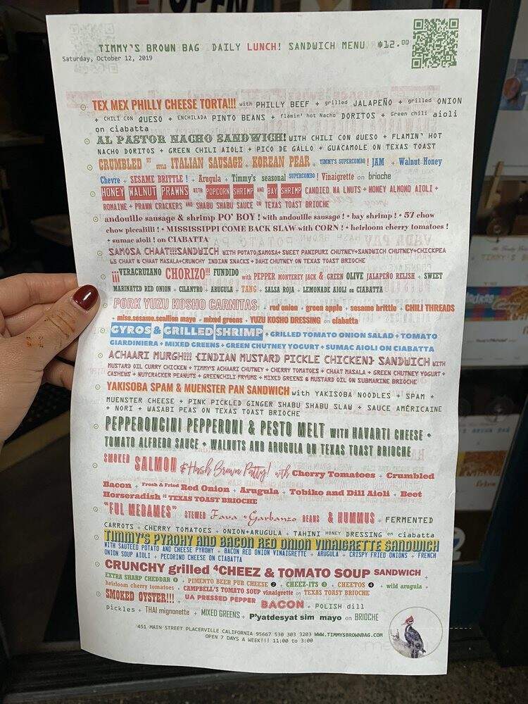 Timmy's Brown Bag - Placerville, CA menu_pic