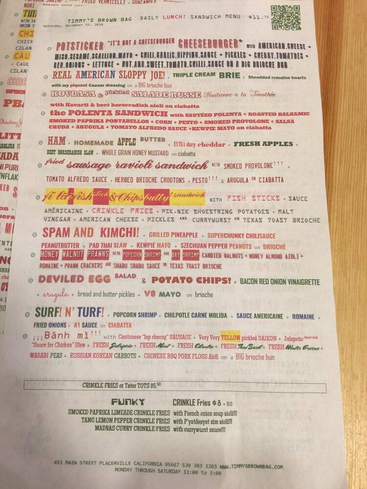 Timmy's Brown Bag - Placerville, CA menu_pic