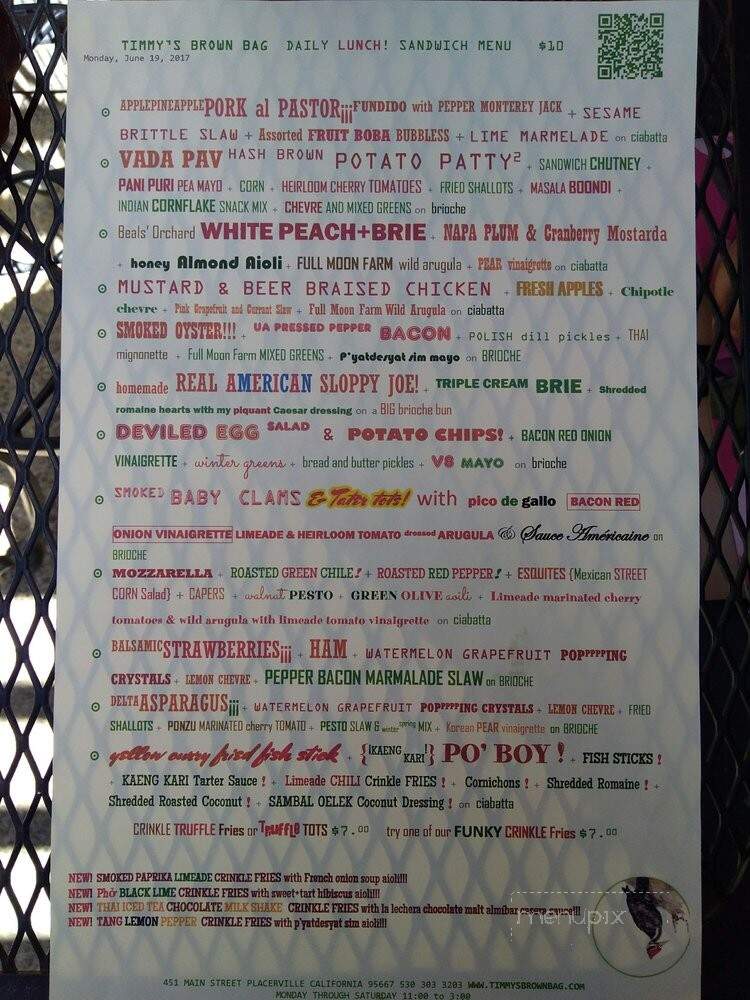 Timmy's Brown Bag - Placerville, CA menu_pic