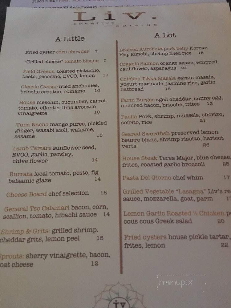Liv Creative Cuisine - Marshfield, MA menu_pic