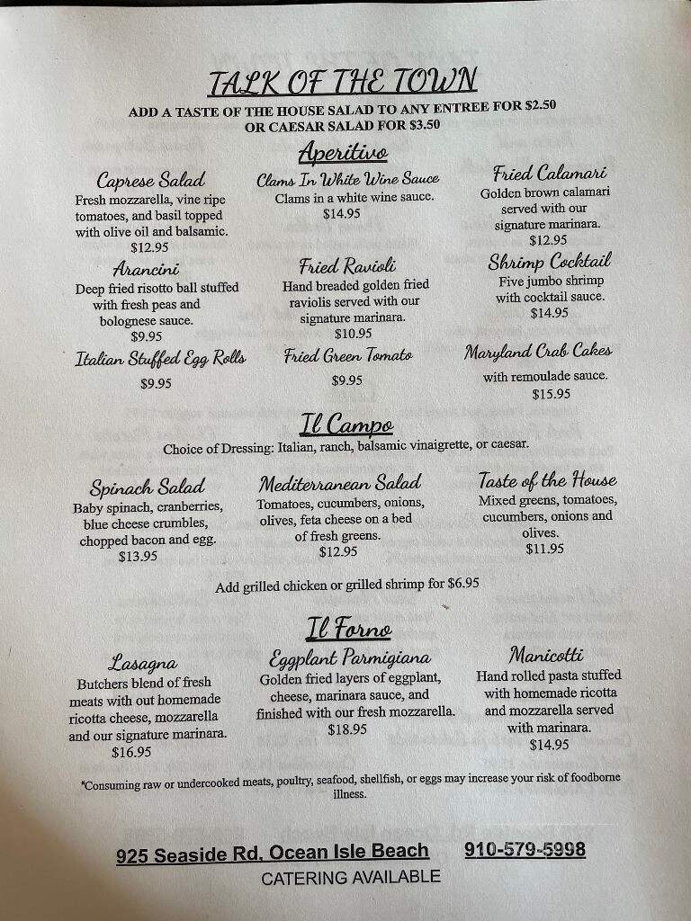 Talk Of The Town Italian Restaurant - Ocean Isle Beach, NC menu_pic