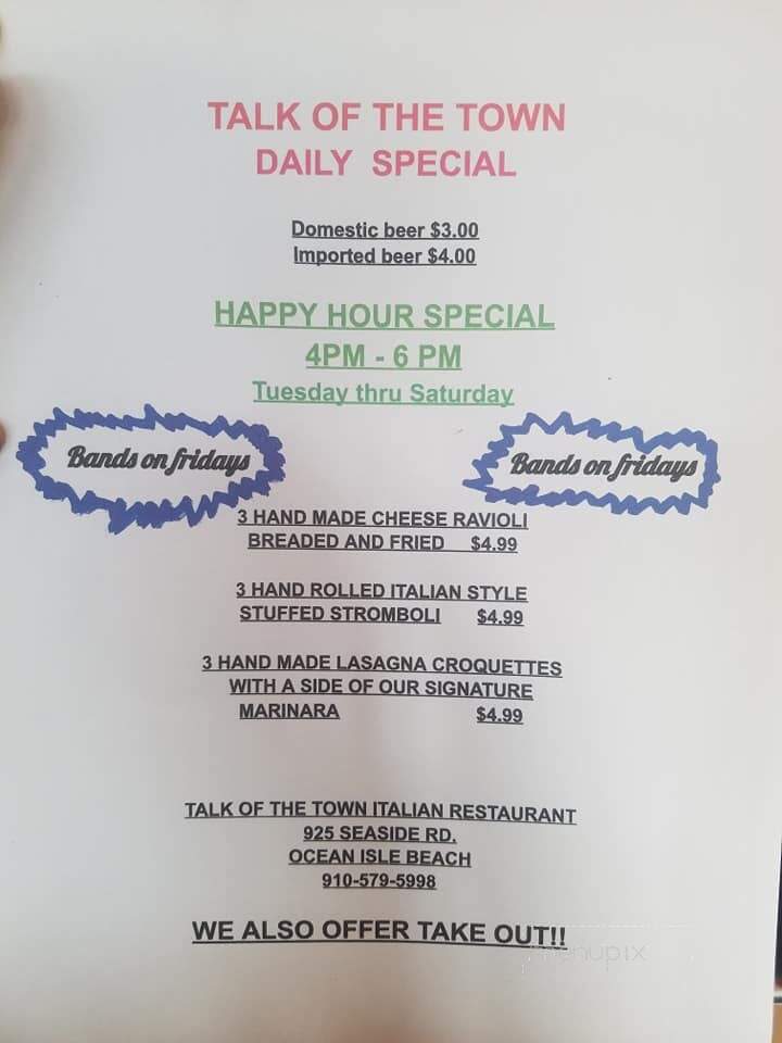 Talk Of The Town Italian Restaurant - Ocean Isle Beach, NC menu_pic
