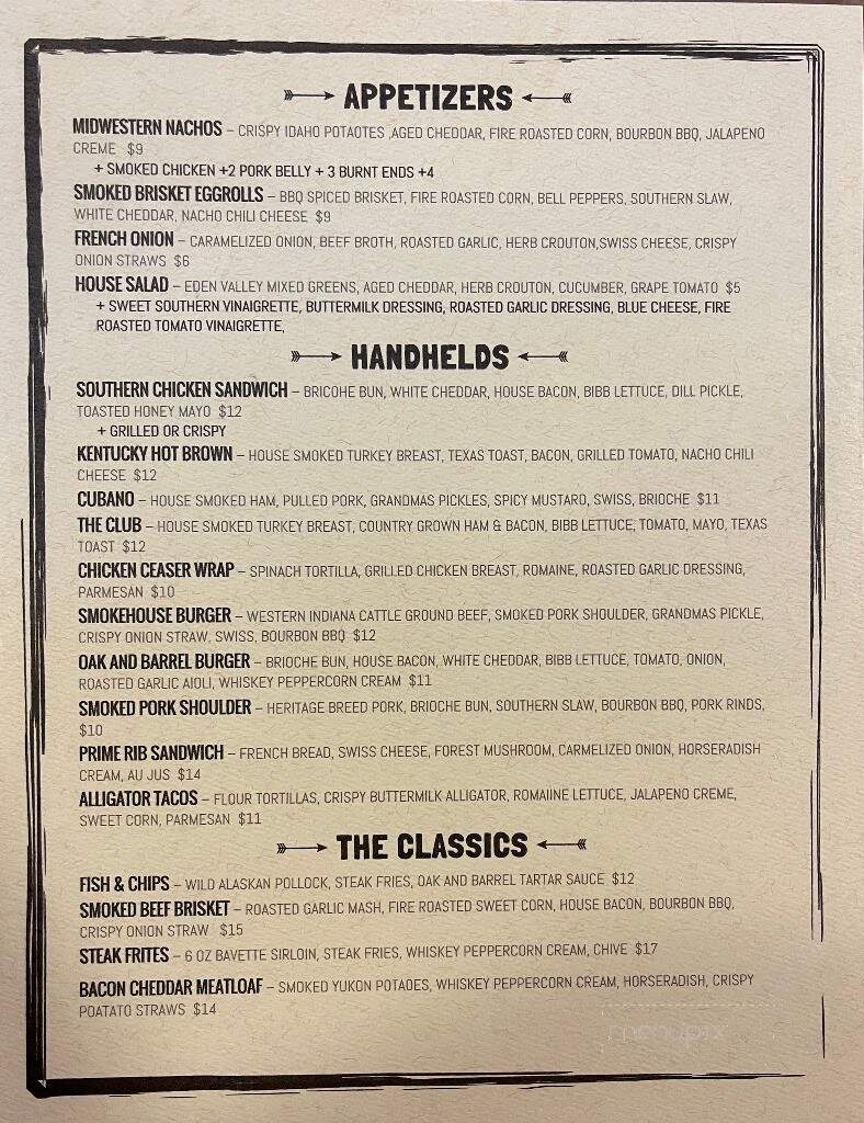 Oak and Barrel - Monticello, IN menu_pic