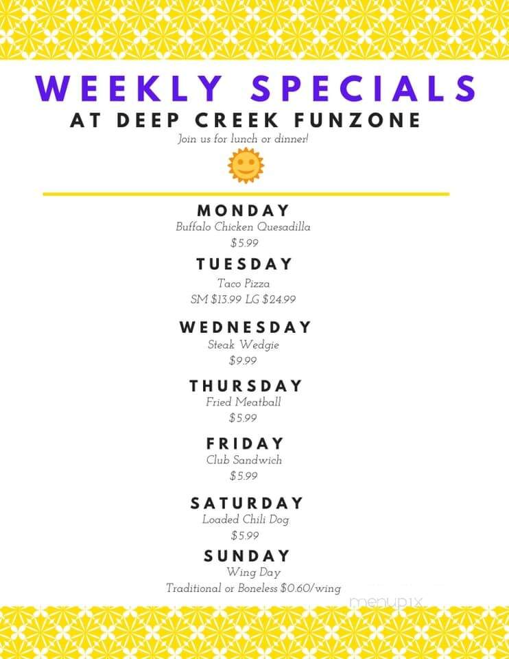 Deep Creek Funzone - McHenry, MD menu_pic