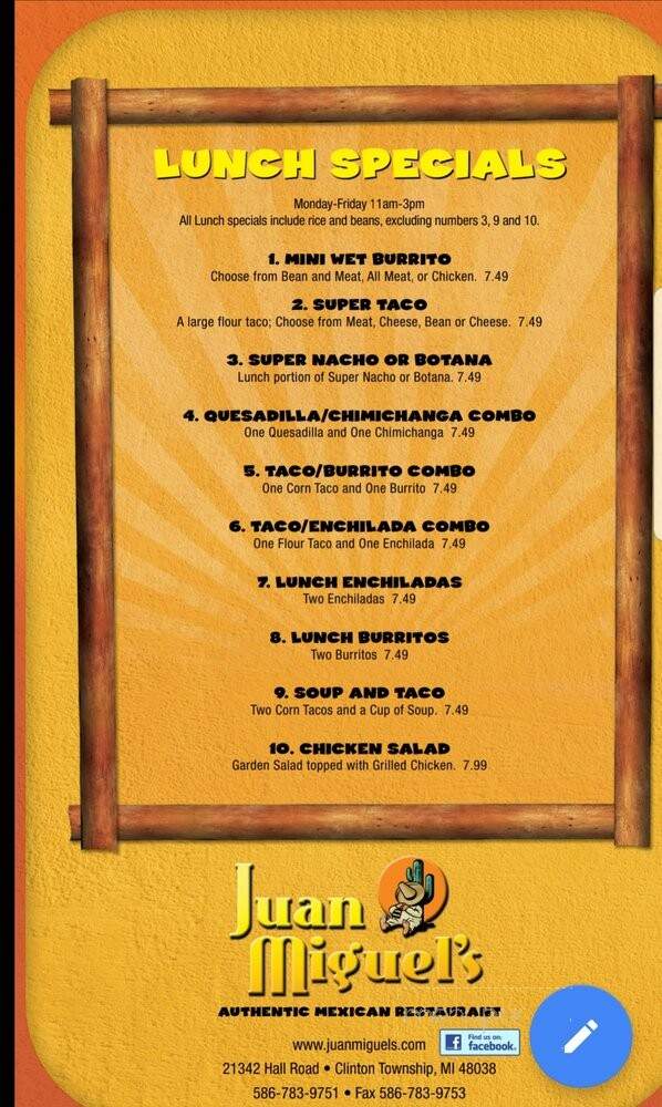 Juan Miguel's - Clinton Township, MI menu_pic